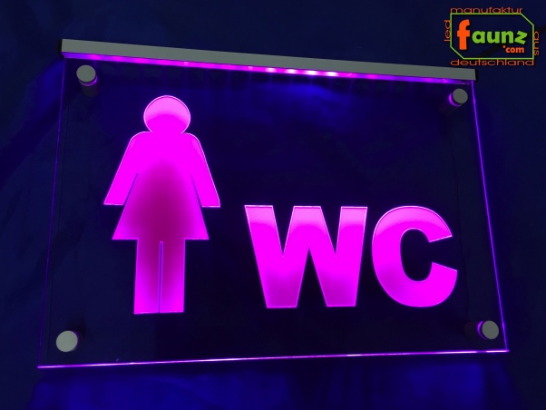 Preview: LED WC Schild "WC + Symbolik Frau" (Klosett Örtchen Toilette) Toilettenschild Wegweiser Leuchtschild