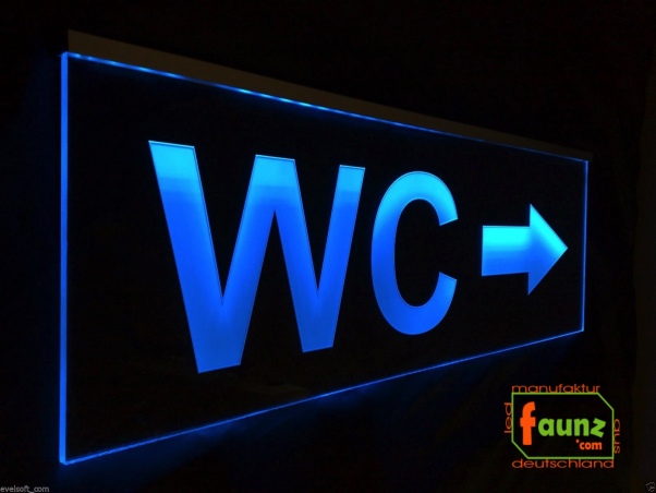 LED WC-Schild schmal "WC + Pfeil n. rechts" (Klosett Örtchen Toilette) Toilettenschild Hinweisschild Wegweiser Leuchtschild