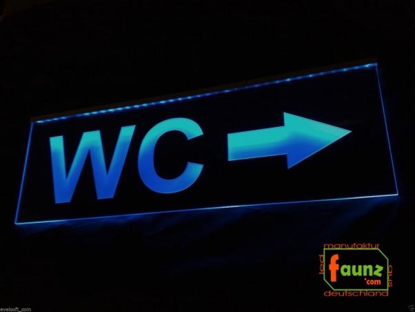 LED WC-Schild schmal "WC + Pfeil n. rechts" (Klosett Örtchen Toilette) Toilettenschild Hinweisschild Wegweiser Leuchtschild