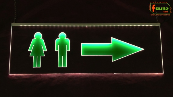 LED WC-Schild schmal "WC m/w + Pfeil n. rechts" (Klosett Örtchen Toilette) Toilettenschild Hinweisschild Wegweiser Leuchtschild