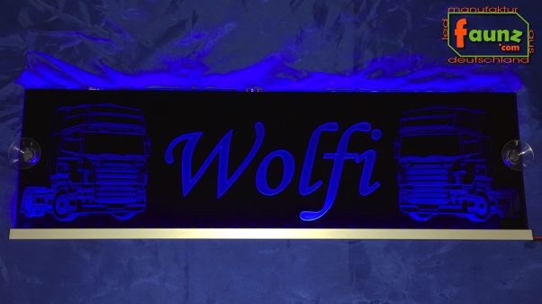 LED Namensschild Detailzeichnung Zugmaschine Gravur "Wolfi" oder Wunschname auf Rechteckplatte - Truckerschild Neonschild Leuchtschild