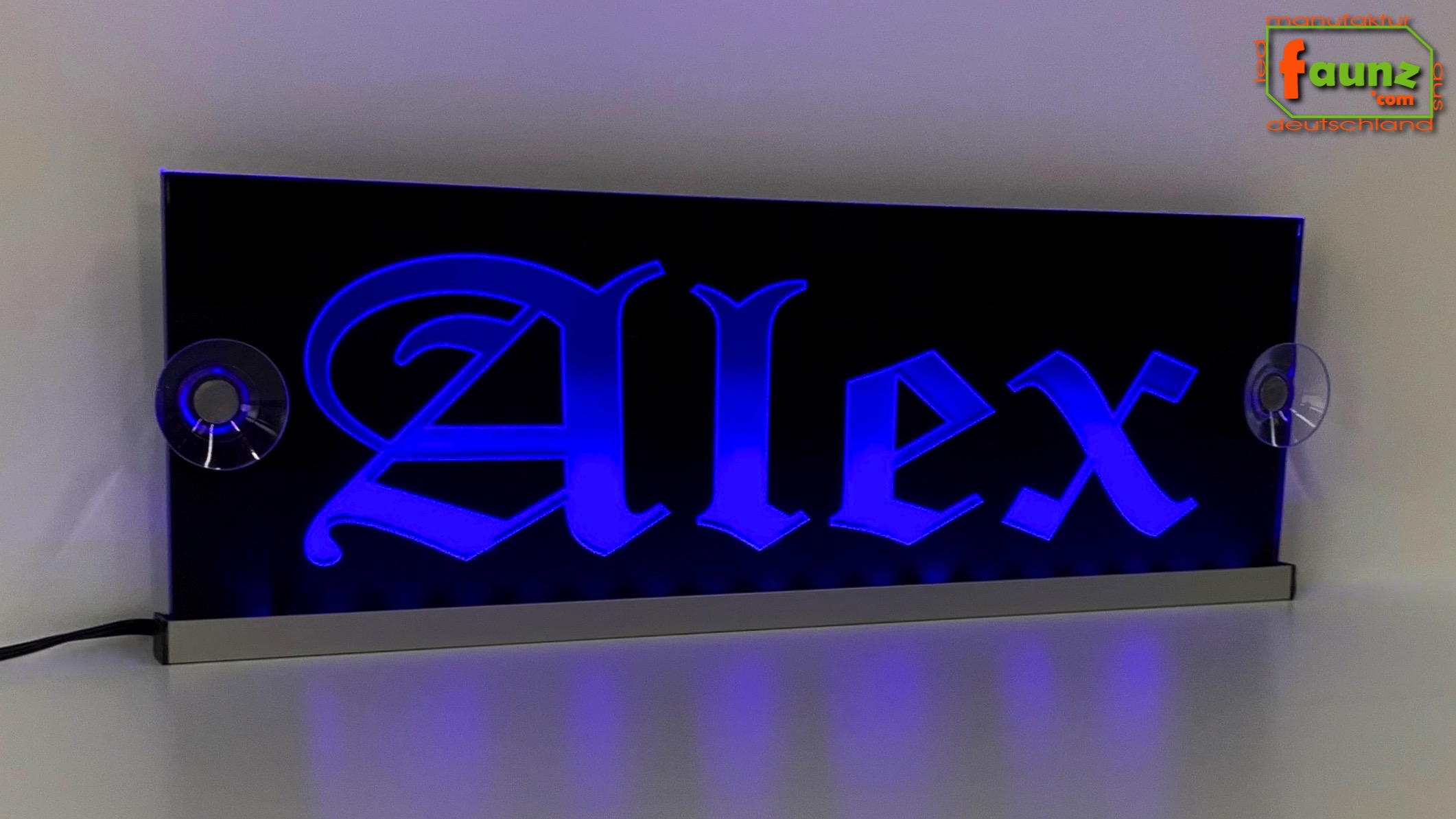 LED Namensschild Gravur Alex oder Wunschname in Frakturschrift Oldenglish  auf Rechteckplatte - Truckerschild Neonschild Leuchtschild