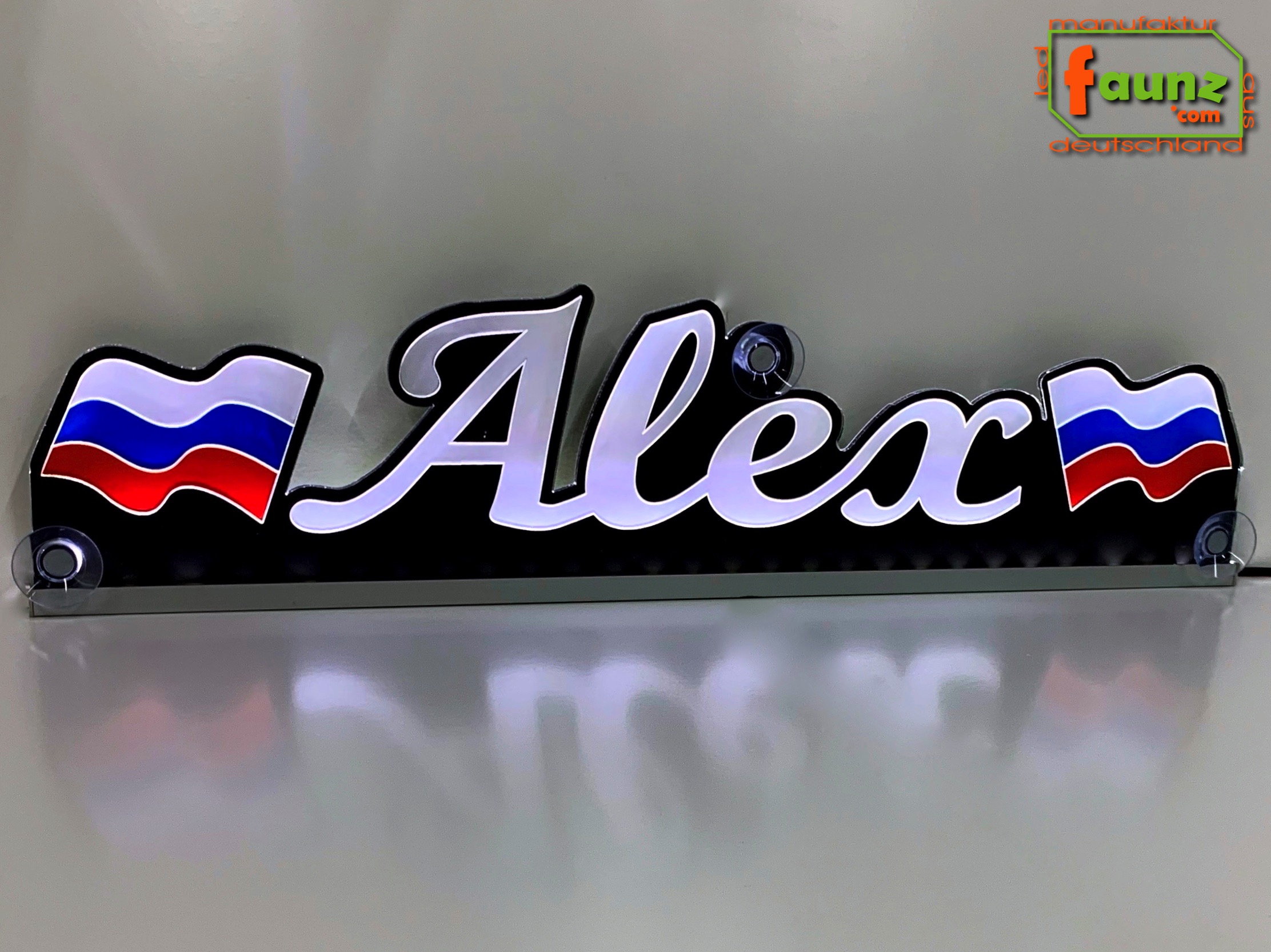 LED Namensschild Symbolik Flagge Russland Gravur Alex oder Wunschname +  beliebige Fahne horizontal dreifarbig als Konturschnitt - Truckerschild