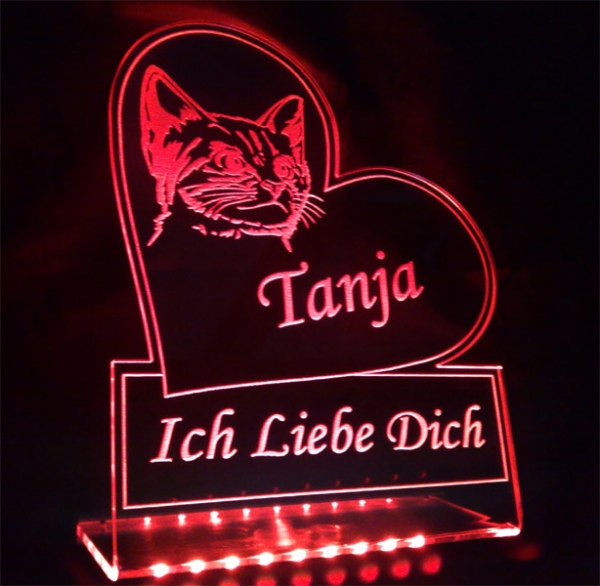LED Aufsteller Herz "Ich liebe dich + Katze + Wunschname" Geschenk Liebe Lampe Leuchtschild