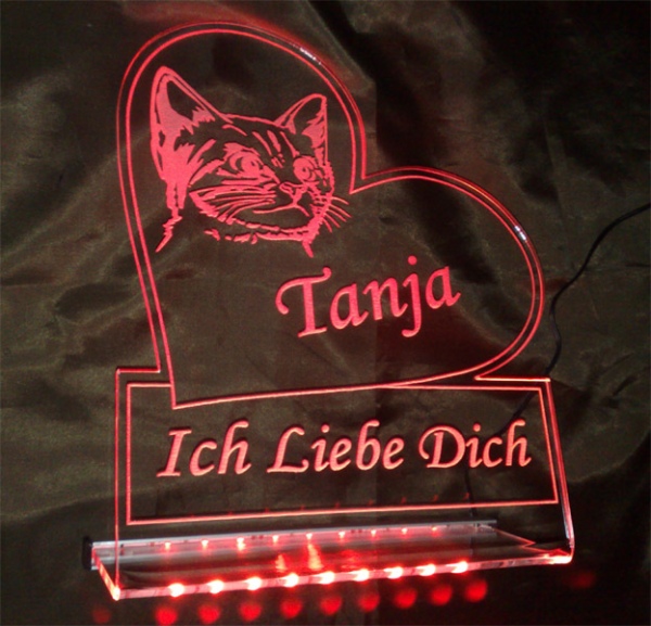 LED Aufsteller Herz "Ich liebe dich + Katze + Wunschname" Geschenk Liebe Lampe Leuchtschild