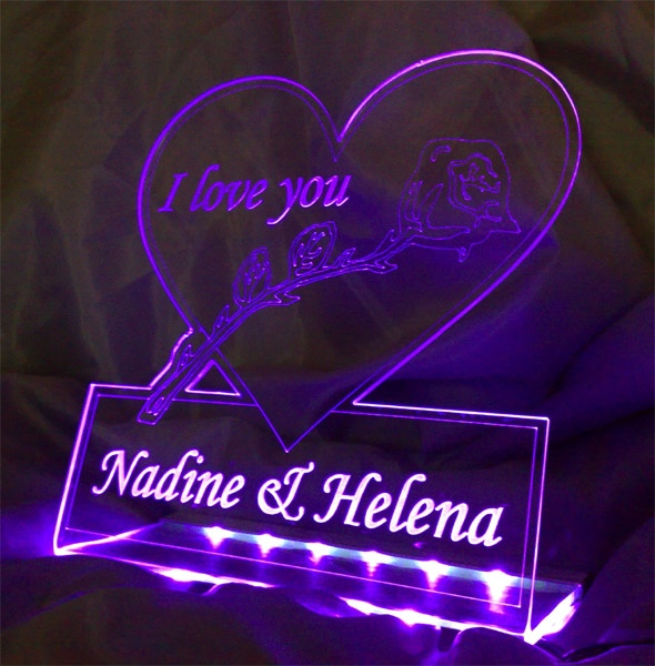 #LED Aufsteller Herz + Ringe Spruch Gravur "XXX" - Geschenk Liebe Hochzeit Heirat Lampe Leuchte