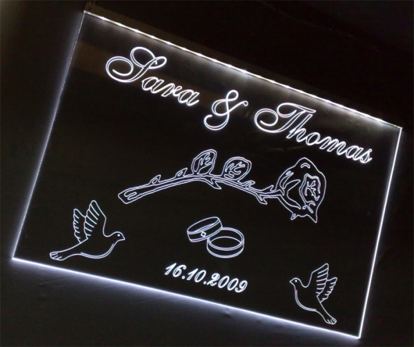 LED Ereignisschild Heirat Gravur "Symbolik + Wunschnamen" Anlass Hochzeit Geschenk Geburt Geburtstag Auszeichnung Prämierung