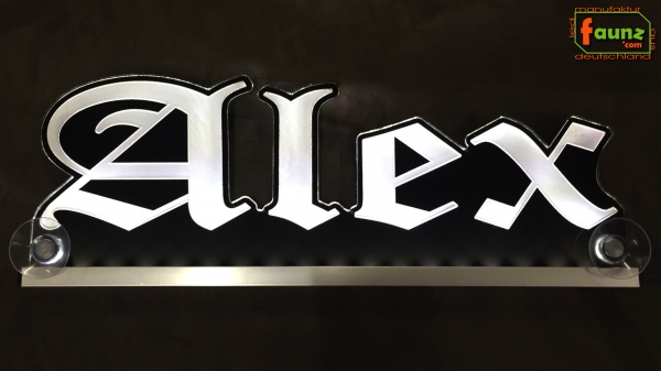 LED Namensschild Gravur "Alex" oder Wunschname in Frakturschrift Altdeutsch als Konturschnitt - Truckerschild Neonschild Leuchtschild