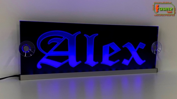 LED Namensschild Gravur "Alex" oder Wunschname in Frakturschrift Oldenglish auf Rechteckplatte - Truckerschild Neonschild Leuchtschild