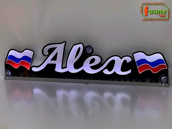 LED Namensschild Symbolik Flagge Russland Gravur "Alex" oder Wunschname + beliebige Fahne horizontal dreifarbig als Konturschnitt - Truckerschild Neonschild Leuchtschild