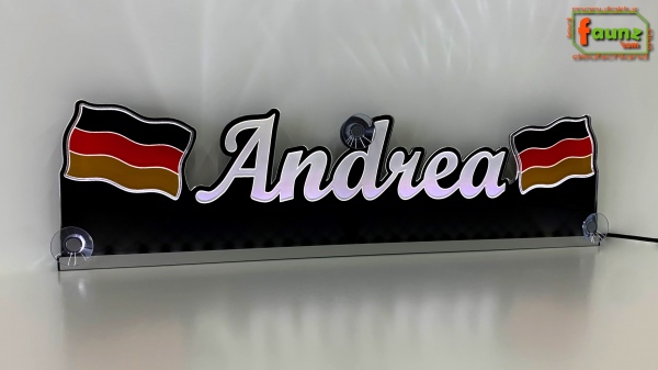 LED Namensschild Symbolik Flagge Deutschland BRD Gravur "Andrea" oder Wunschname + beliebige Fahne horizontal dreifarbig als Konturschnitt - Truckerschild Neonschild Leuchtschild