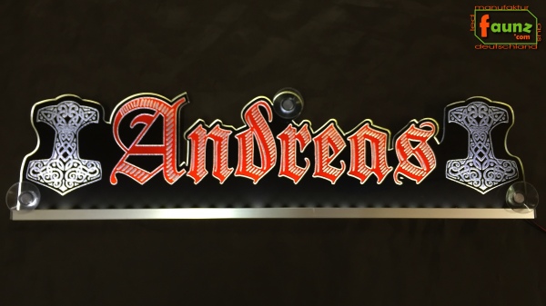 LED Namensschild Symbolik Mjölnir Thorshammer Gravur "Andreas" oder Wunschname als Konturschnitt - Truckerschild Neonschild Leuchtschild