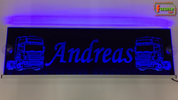 LED Namensschild Detailzeichnung Zugmaschine Gravur "Andreas" oder Wunschname auf Rechteckplatte - Truckerschild Neonschild Leuchtschild