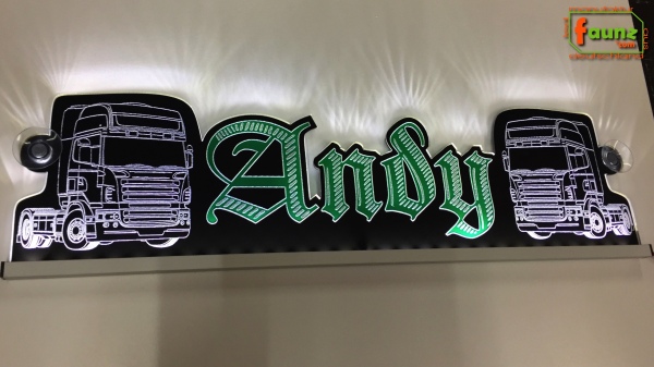 LED Namensschild Detailzeichnung Zugmaschine Gravur "Andy" oder Wunschname als Konturschnitt - Truckerschild Neonschild Leuchtschild