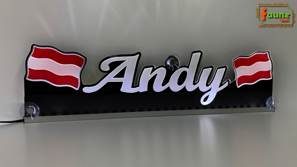 LED Namensschild Symbolik Flagge Österreich Gravur "Andy" oder Wunschname + beliebige Fahne horizontal dreifarbig als Konturschnitt - Truckerschild Neonschild Leuchtschild