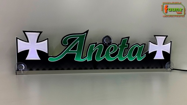 LED Namensschild Symbolik Eisernes Kreuz Gravur "Aneta" oder Wunschname als Konturschnitt - Truckerschild Neonschild Leuchtschild