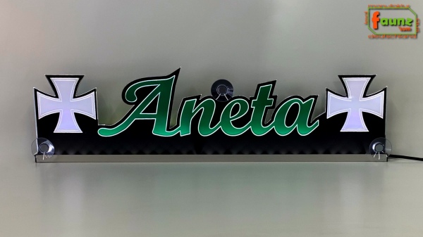 LED Namensschild Symbolik Eisernes Kreuz Gravur "Aneta" oder Wunschname als Konturschnitt - Truckerschild Neonschild Leuchtschild