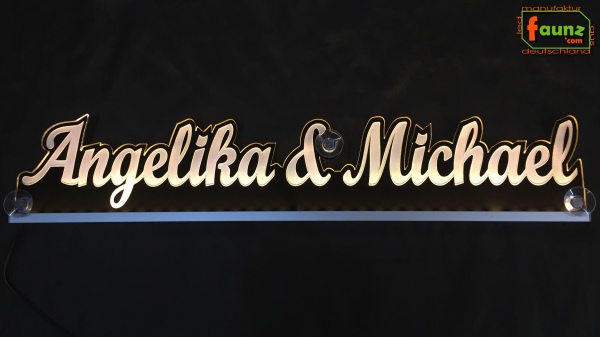 LED Namensschild Duo Gravur "Angelika & Michael" oder 2 Wunschnamen Paar als Konturschnitt - Truckerschild Leuchtschild