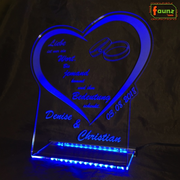 LED Aufsteller Herz + Ringe Spruch Gravur "Zwei Namen nach Wunsch" - Geschenk Liebe Hochzeit Heirat Lampe Leuchte