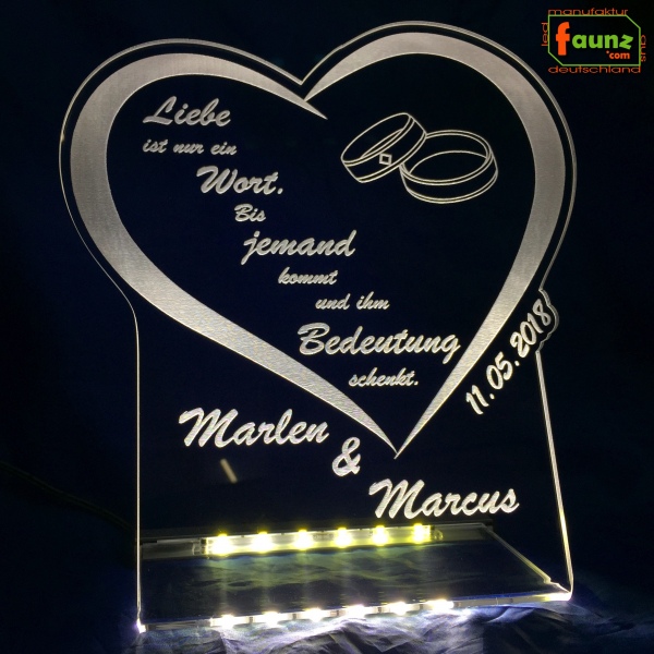 LED Aufsteller Herz + Ringe Spruch Gravur "Zwei Namen nach Wunsch" - Geschenk Liebe Hochzeit Heirat Lampe Leuchte