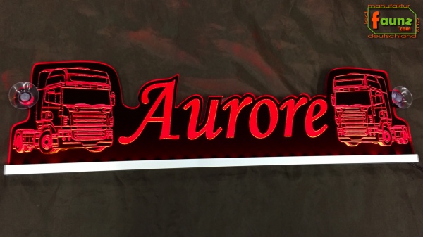 LED Namensschild Detailzeichnung Zugmaschine Gravur "Aurore" oder Wunschname als Konturschnitt - Truckerschild Neonschild Leuchtschild