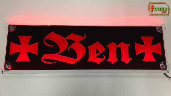 LED Namensschild Symbolik Eisernes Kreuz Gravur "Ben" oder Wunschname auf Rechteckplatte - Truckerschild Neonschild Leuchtschild