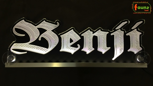 LED Namensschild Gravur "Benji" oder Wunschname in Frakturschrift Altdeutsch als Konturschnitt - Truckerschild Neonschild Leuchtschild