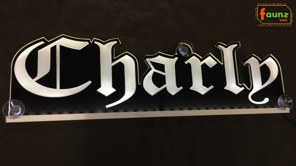 LED Namensschild Gravur "Charly" oder Wunschname in Frakturschrift Altdeutsch als Konturschnitt - Truckerschild Neonschild Leuchtschild