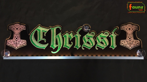 LED Namensschild Symbolik Thorshammer Mjölnir Gravur "Chrissi" oder Wunschname als Konturschnitt - Truckerschild Neonschild Leuchtschild