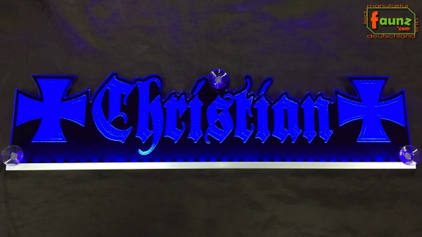 LED Namensschild Symbolik Eisernes Kreuz Gravur "Christian" oder Wunschname als Konturschnitt - Truckerschild Neonschild Leuchtschild