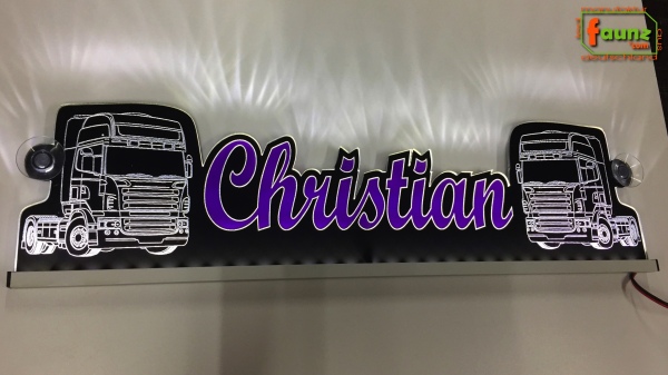 LED Namensschild Detailzeichnung Zugmaschine Gravur "Christian" oder Wunschname als Konturschnitt - Truckerschild Neonschild Leuchtschild