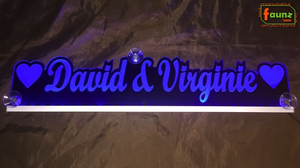 LED Namensschild Duo Gravur "David & Virginie" + Herzen oder Wunschnamen Paar als Konturschnitt - Truckerschild Leuchtschild