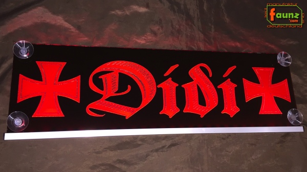 LED Namensschild Symbolik Eisernes Kreuz Gravur "Didi" oder Wunschname auf Rechteckplatte - Truckerschild Neonschild Leuchtschild