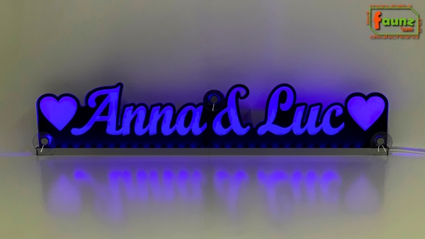 LED Namensschild Duo Gravur "Anna & Luc" + Herzen oder 2 Doppel-Wunschnamen Paar als Konturschnitt - Truckerschild Leuchtschild