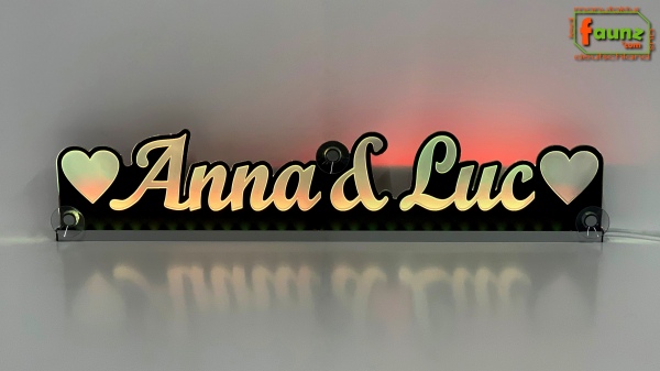 LED Namensschild Duo Gravur "Anna & Luc" + Herzen oder 2 Doppel-Wunschnamen Paar als Konturschnitt - Truckerschild Leuchtschild