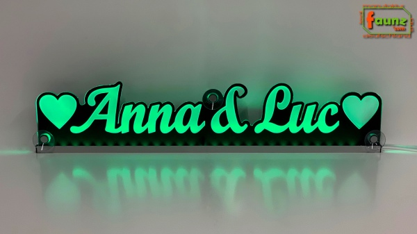 LED Namensschild Duo Gravur "Anna & Luc" + Herzen oder 2 Doppel-Wunschnamen Paar als Konturschnitt - Truckerschild Leuchtschild