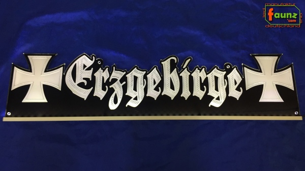 LED Namensschild Symbolik Eisernes Kreuz Gravur "Erzgebirge" oder Wunschname als Konturschnitt - Truckerschild Neonschild Leuchtschild