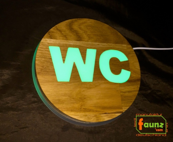 Holz - LED WC-Schild rund "WC Schild mit Farbsteuerung "  LED Toilettenschild - LED frei besetzt WC Schild