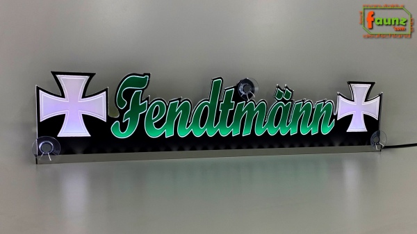 LED Namensschild Symbolik Eisernes Kreuz Gravur "Fendtmänn" oder Wunschname als Konturschnitt - Truckerschild Neonschild Leuchtschild