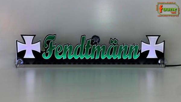 LED Namensschild Symbolik Eisernes Kreuz Gravur "Fendtmänn" oder Wunschname als Konturschnitt - Truckerschild Neonschild Leuchtschild