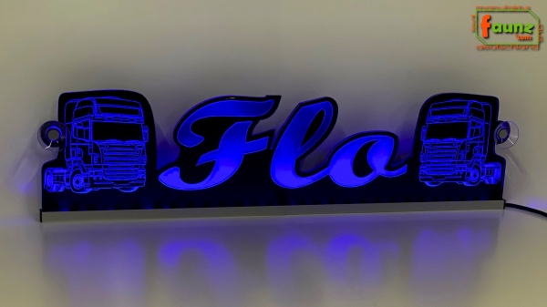 LED Namensschild Detailzeichnung Zugmaschine Gravur "Flo" oder Wunschname als Konturschnitt - Truckerschild Neonschild Leuchtschild