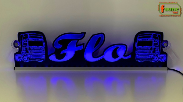 LED Namensschild Detailzeichnung Zugmaschine Gravur "Flo" oder Wunschname als Konturschnitt - Truckerschild Neonschild Leuchtschild