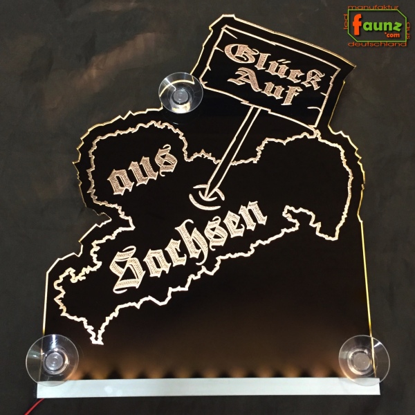 LED Mottoschild Gravur "Glück auf aus Sachsen" als Konturschnitt Spaßschild Dekoschild Namensschild Truckerschild Leuchtschild