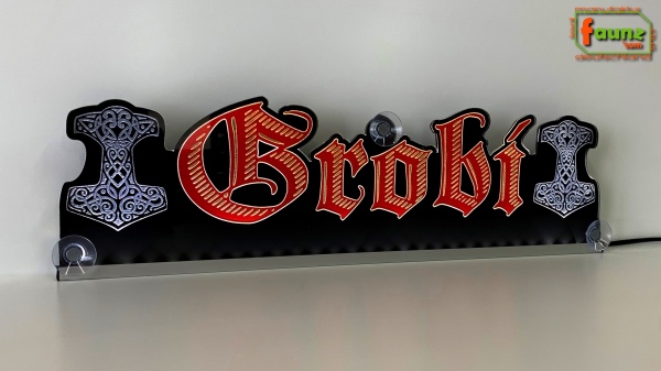 LED Namensschild Symbolik Thorshammer Mjölnir Gravur "Grobi" oder Wunschname als Konturschnitt - Truckerschild Neonschild Leuchtschild