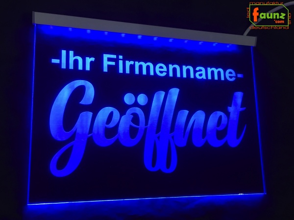 LED Hinweisschild "Geöffnet + Firmenname" | Acrylglas Leuchtschild
