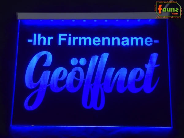 LED Hinweisschild "Geöffnet + Firmenname" | Acrylglas Leuchtschild