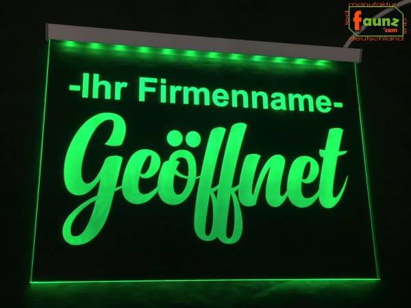 LED Hinweisschild "Geöffnet + Firmenname" | Acrylglas Leuchtschild