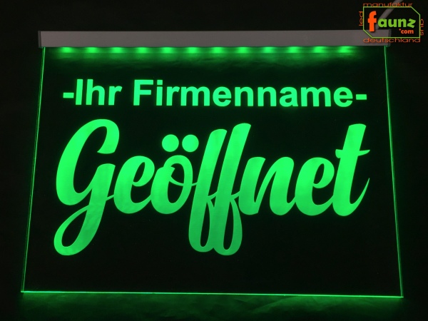 LED Hinweisschild "Geöffnet + Firmenname" | Acrylglas Leuchtschild