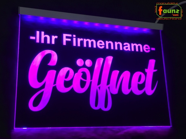 LED Hinweisschild "Geöffnet + Firmenname" | Acrylglas Leuchtschild