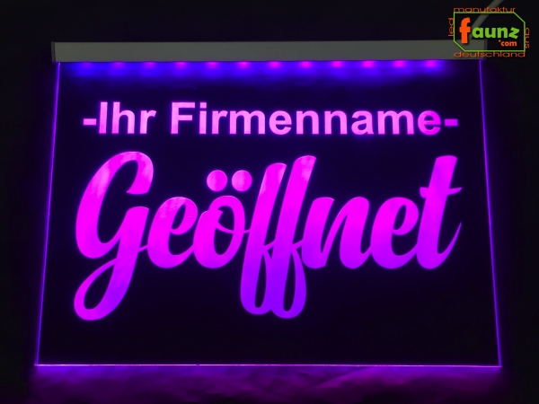 LED Hinweisschild "Geöffnet + Firmenname" | Acrylglas Leuchtschild